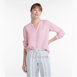 LL Bean Premium Washable 100% Linen Shirt Splitneck Pink 3/4 Sleeve Medium